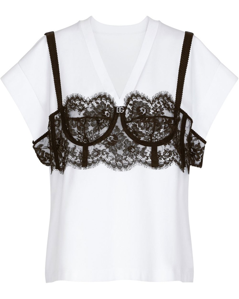 Dolce & Gabbana Damen T-Shirt mit Overlay aus Spitze