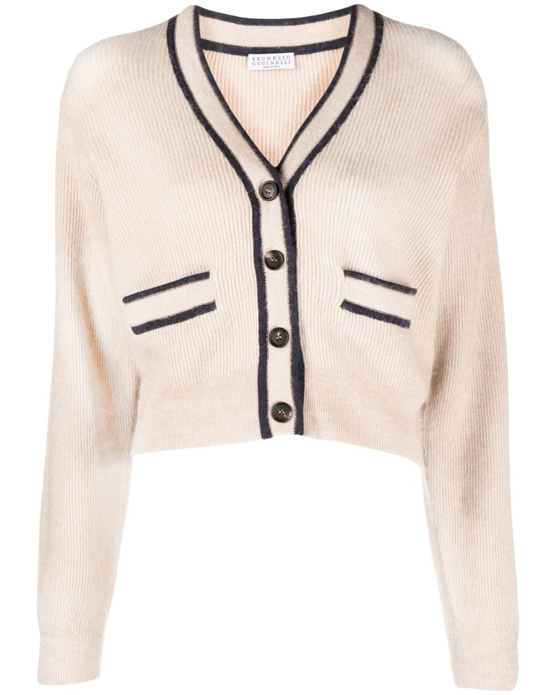 Brunello Cucinelli Damen contrast-trim V-neck cardigan