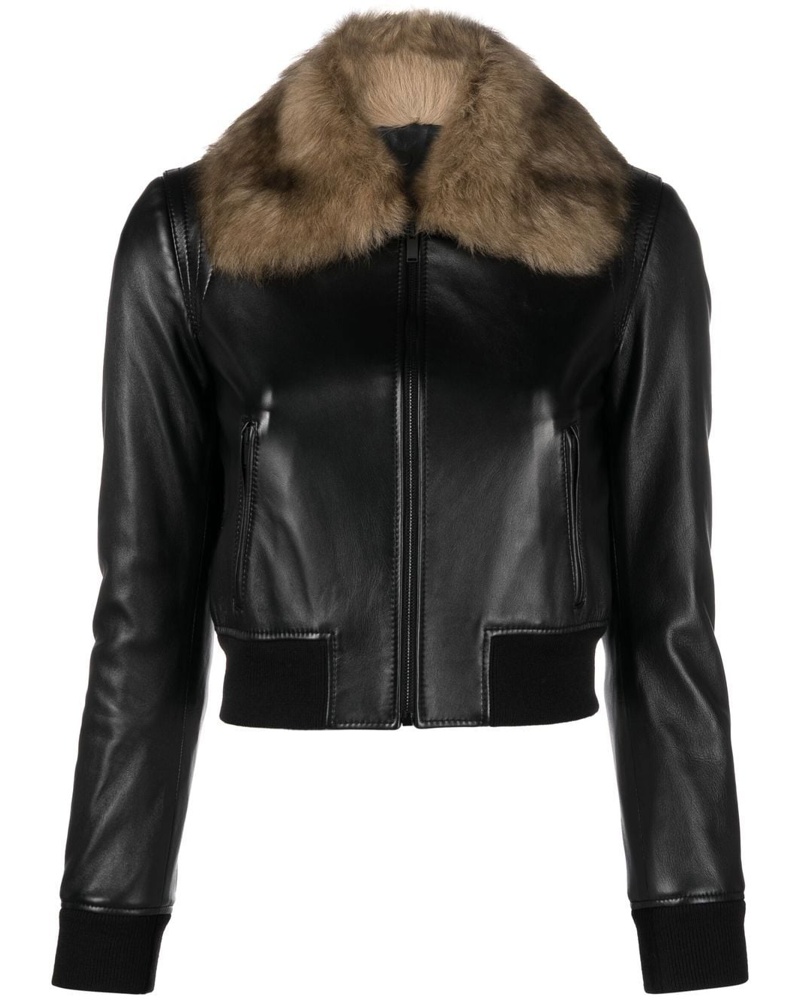 Saint Laurent Damen Cropped-Lederjacke mit Faux Fur