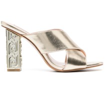 metallic branded-heel mule sandals