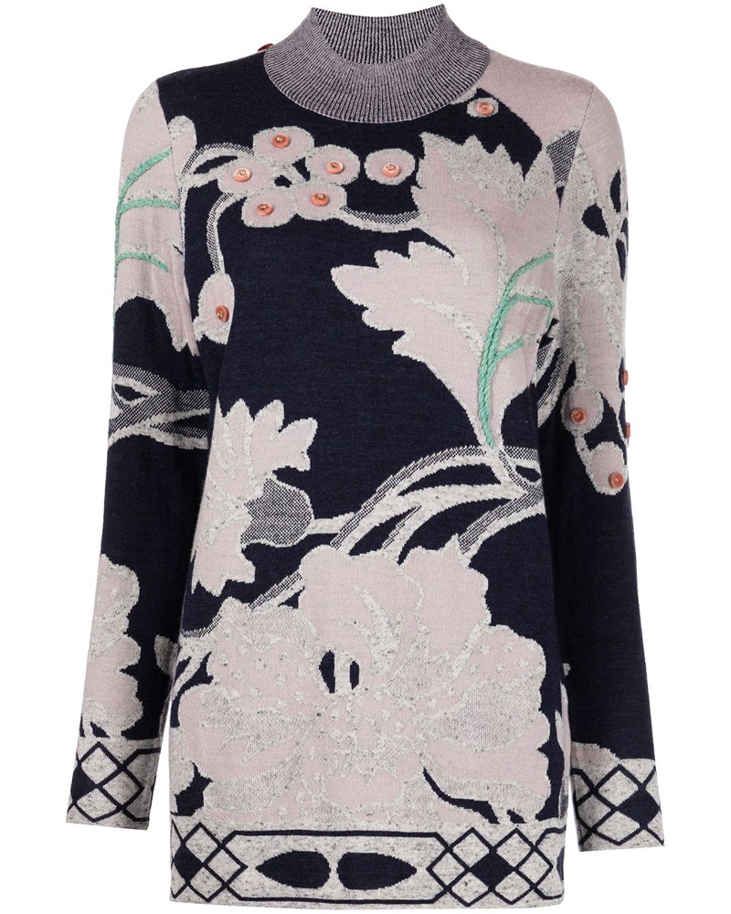 onefifteen Damen Intarsien-Pullover mit Blumen