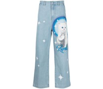 Straight-Leg-Jeans mit Katzen-Print