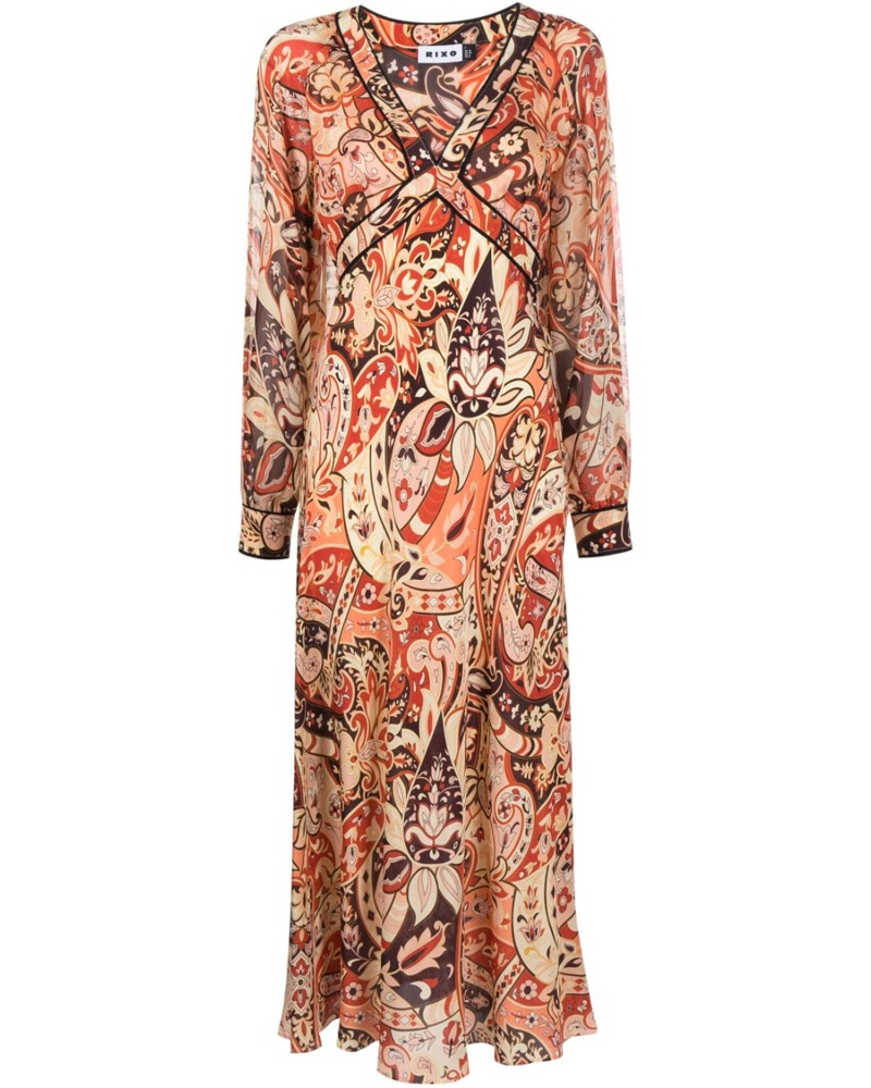 RIXO Damen Seidenmaxikleid mit Paisley-Print