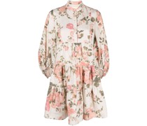 Kurzes Leinenkleid mit Blumen-Print