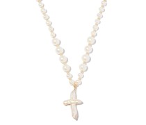 18kt Gelbgold-Perlenkette mit Kreuzanhänger