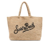 logo-embroidered raffia beach bag