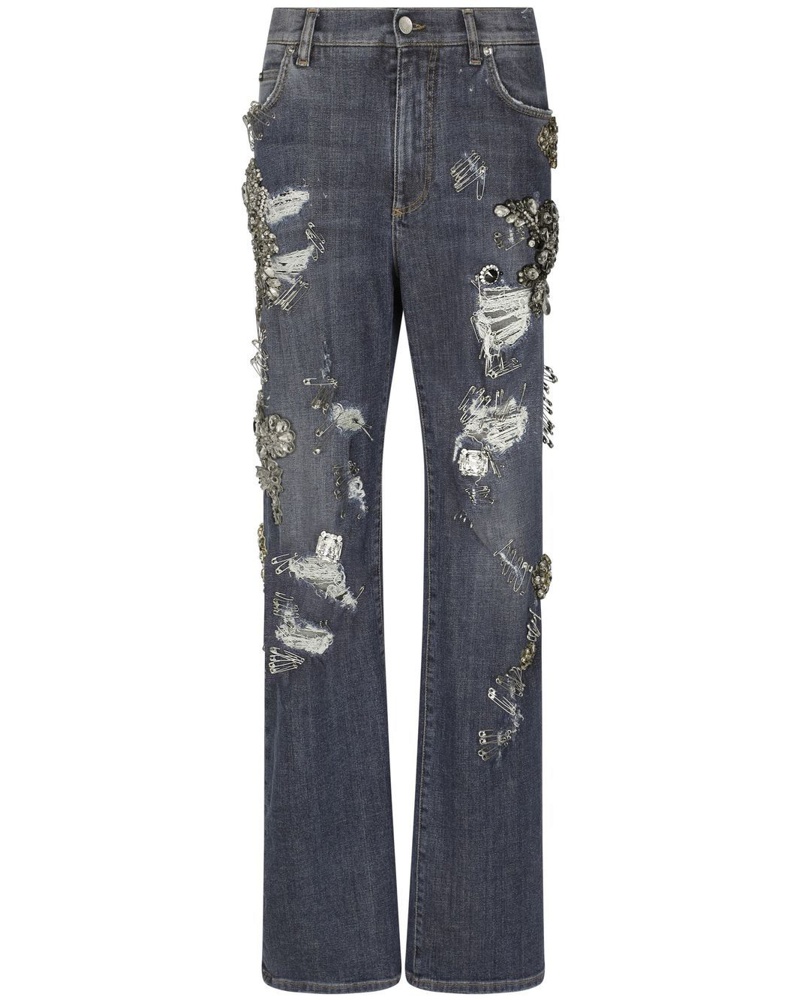 Dolce & Gabbana Damen Distressed-Jeans mit Print