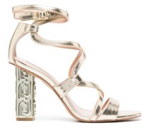 metallic branded-heel sandals