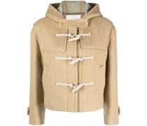 herringbone-pattern hooded duffle coat
