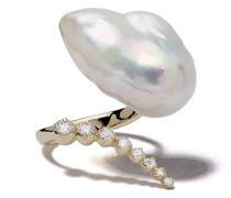 14kt Gelbgoldring mit Perle und Diamanten