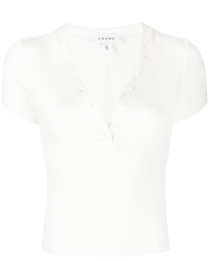 Frame Denim Damen Geripptes Henley-T-Shirt