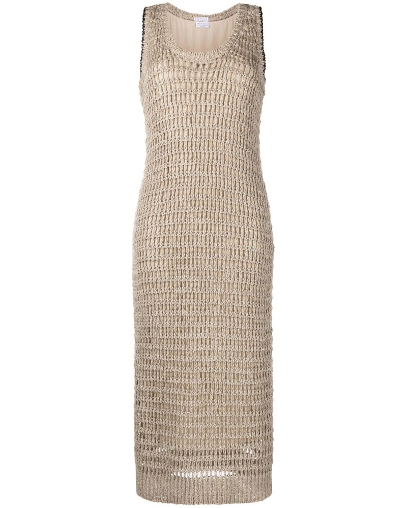 Brunello Cucinelli Damen Midikleid mit Lochstrickmuster