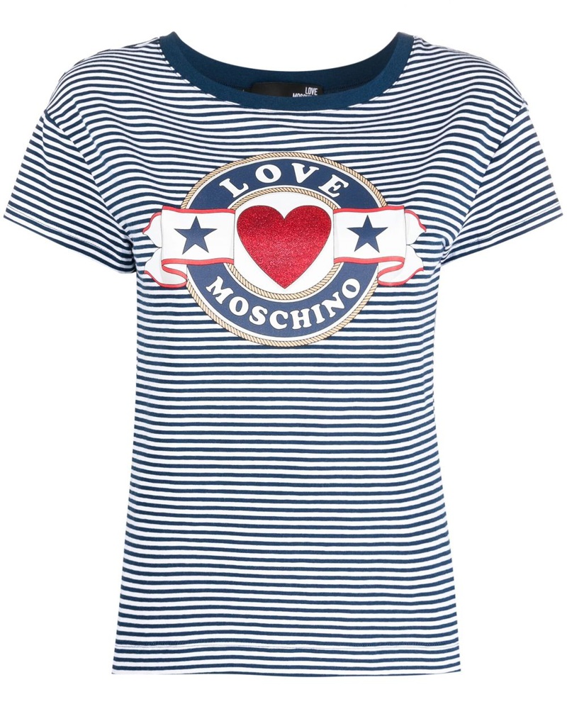 Moschino Damen Gestreiftes T-Shirt mit Logo-Print