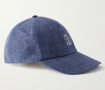 Logo-Embroidered Leather-Trimmed Linen-Twill Baseball Cap