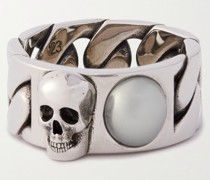Skull brünierter silberfarbener Ring mit Kunstperle