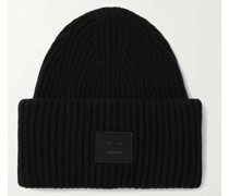 Beanie aus Wolle in Rippstrick mit Logoapplikation
