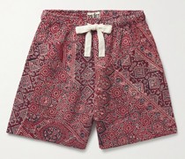 Gerade geschnittene Shorts aus bedruckter Baumwolle mit Stickereien, Kordelzugbund und Falten