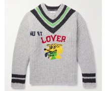 Pullover aus einer Wollmischung in Rippstrick mit Stickerei