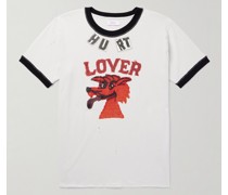 Schmal geschnittenes T-Shirt aus Jersey aus einer Baumwoll-Leinenmischung mit Print und Applikation
