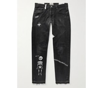 Schmal und gerade geschnittene Jeans mit Print und Stickereien in Distressed-Optik
