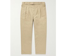 Straight-Leg Belted Pleated Cotton-Blend Trousers