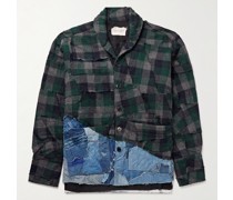 Patchwork-Hemdjacke aus Baumwollflanell und Denim mit Distressed-Details und Karomuster