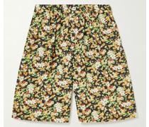 Wide-Leg Pleated Floral-Print Woven Bermuda Shorts
