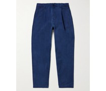 Tapered Cropped Garment-Dyed Pleated Cotton-Twill Trousers