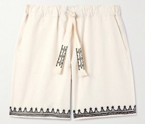 Akasha weit geschnittene Shorts aus einer Baumwollmischung mit Nadelstreifen, Kordelzugbund und Stickereien