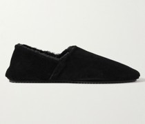 Collapsible-Heel Shearling-Lined Suede Slippers