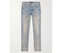 Skinny-Fit Paisley-Print Distressed Jeans