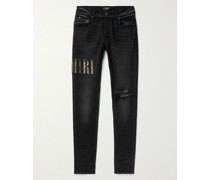 Leather-Trimmed Appliquéd Skinny Jeans