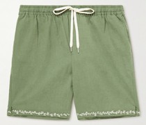 Straight-Leg Embroidered Linen and Cotton-Blend Drawstring Shorts