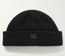 Beanie aus Wolle in Rippstrick mit Logoapplikation