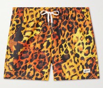 Gerade geschnittene mittellange Badeshorts aus recyceltem Shell mit Leopardenprint