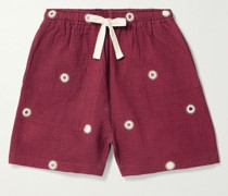 Gerade geschnittene Shorts aus gesteppter Baumwolle mit Stickereien und Verzierungen