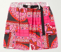 Wide-Leg Belted Bandana-Print Denim Cargo Shorts