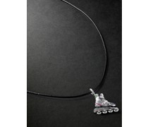 Miami Rollerskate 18-Karat Blackened and White Gold, Multi-Stone and Leather Pendant Necklace