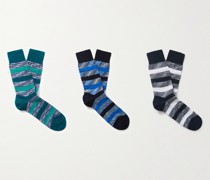 Set aus drei Paar Socken aus einer Baumwollmischung in Häkelstrick mit Streifen