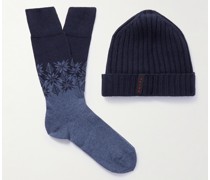 Set aus Socken aus Jacquard-Strick und Beanie aus Rippstrick