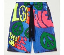+ Paula's Ibiza Wide-Leg Printed Silk-Twill Drawstring Shorts