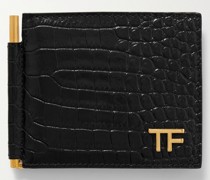 Aufklappbares Portemonnaie aus Leder mit Krokodileffekt, Geldklammer und Logo