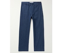 Gerade geschnittene Bundfaltenhose aus Denim in Indigo-Färbung