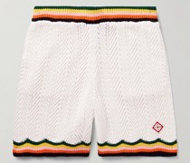 Gerade geschnittene Shorts aus gehäkelter Baumwolle mit Logoapplikation und Streifen
