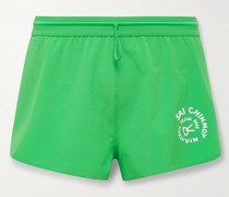 + Sri Chinmoy Centre Mula schmal geschnittene Shorts aus Shell mit Stretch-Anteil mit Logoprint