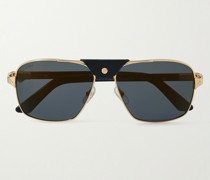 Aviator-Style Leather-Trimmed Gold-Tone and Acetate Sunglasses