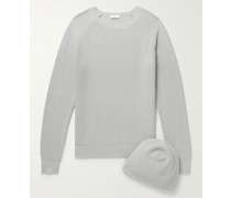 Set aus Beanie und Pullover aus einer Baumwoll-Kaschmirmischung in Waffelstrick