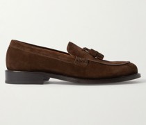 Loafers aus regeneriertem evolo®-Veloursleder mit Troddeln