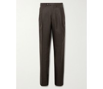Gerade geschnittene Anzughose aus Twill aus einer Mischung aus Wolle, Seide und Leinen mit Fischgratmuster und Falten