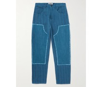 Gerade geschnittene Hose aus Khadi-Denim mit aufgesetzten Partien und Verzierungen